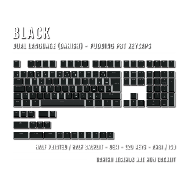 Black Danish (ISO-DK) Dual Language PBT Pudding Keycaps