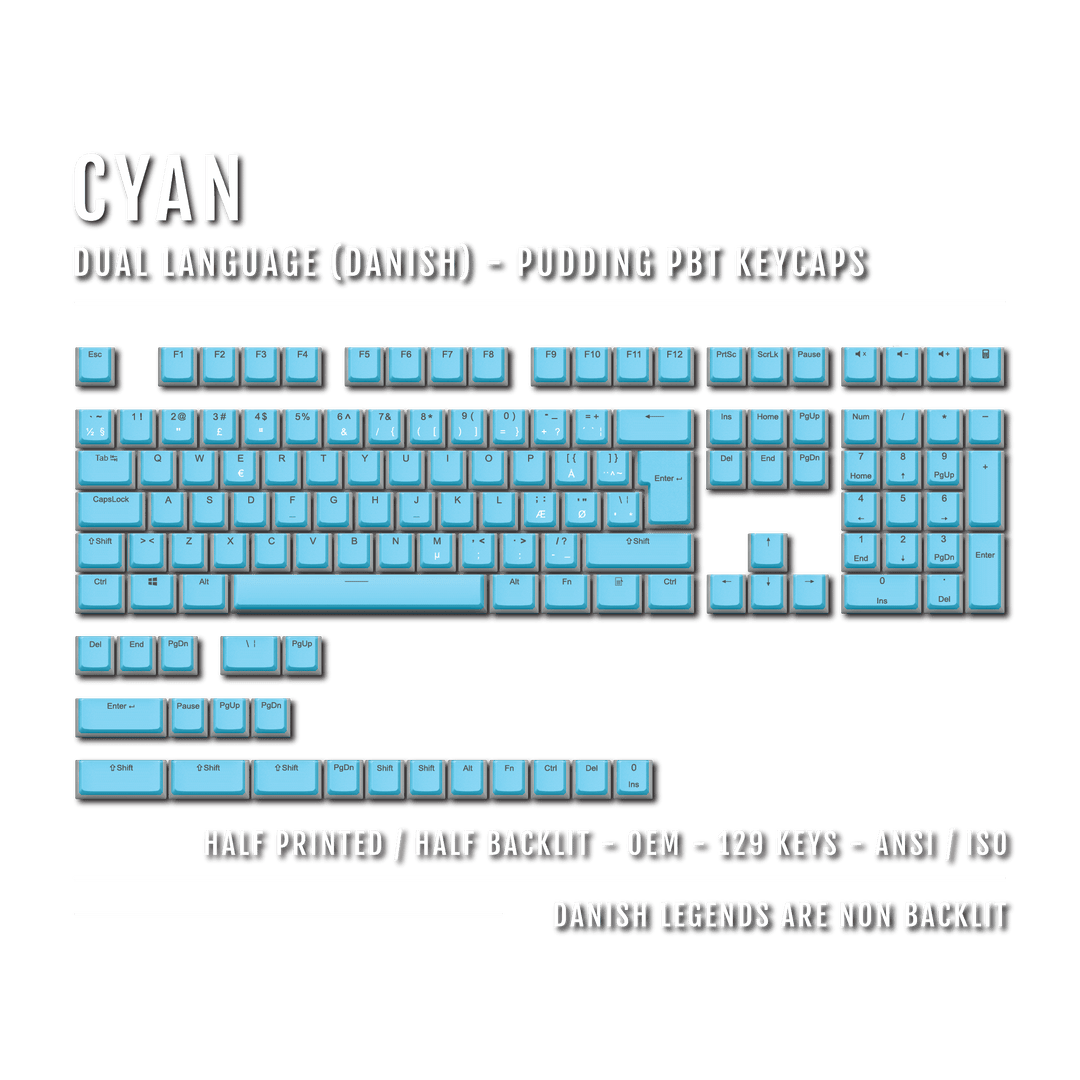 Cyan Danish (ISO-DK) Dual Language PBT Pudding Keycaps