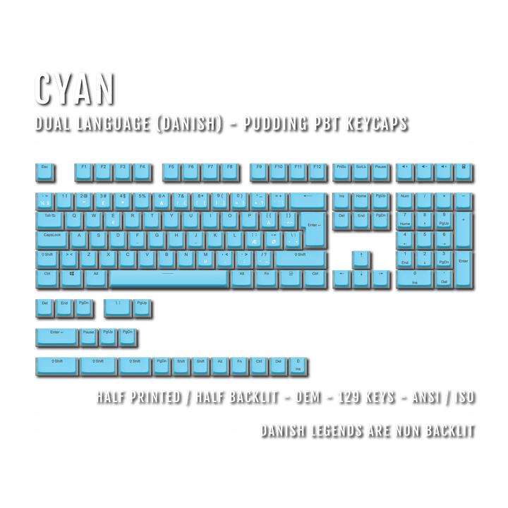 Cyan Danish (ISO-DK) Dual Language PBT Pudding Keycaps