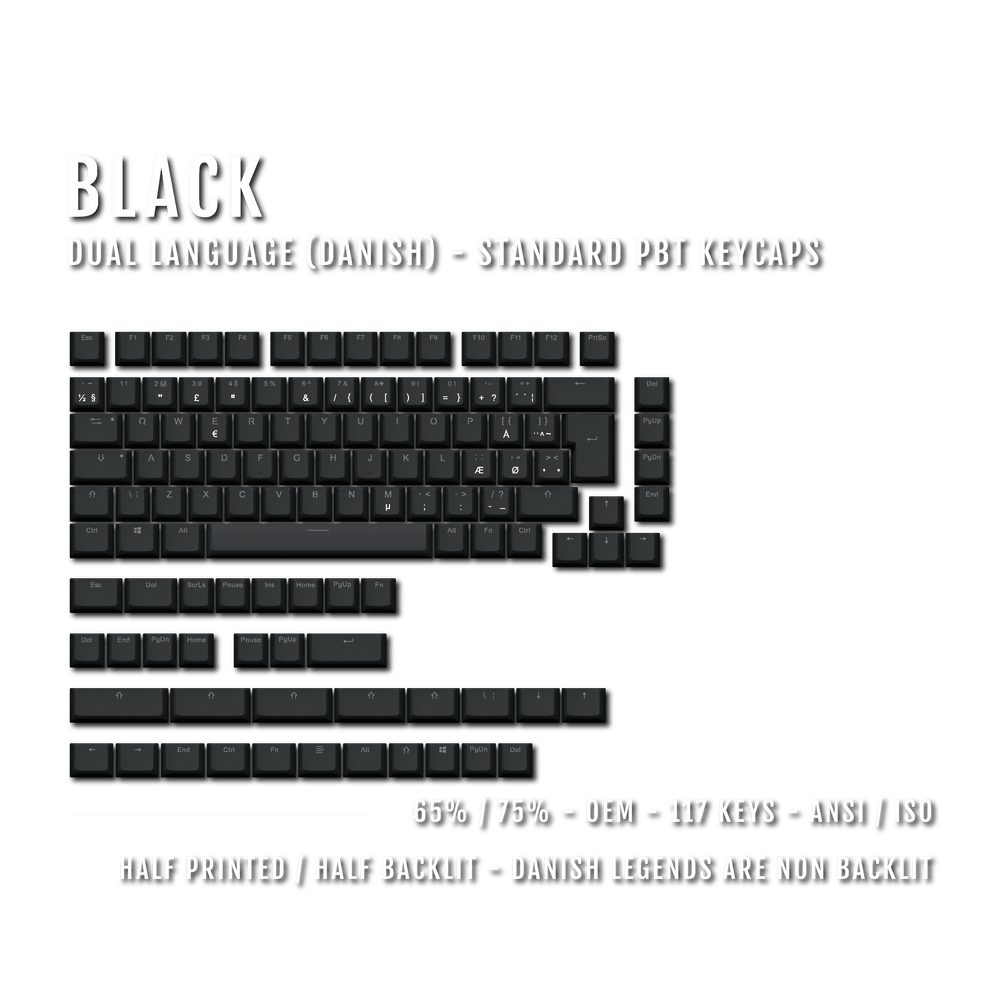 Black PBT Danish Keycaps - ISO-DK - 65/75% Sizes - Dual Language Keycaps - kromekeycaps