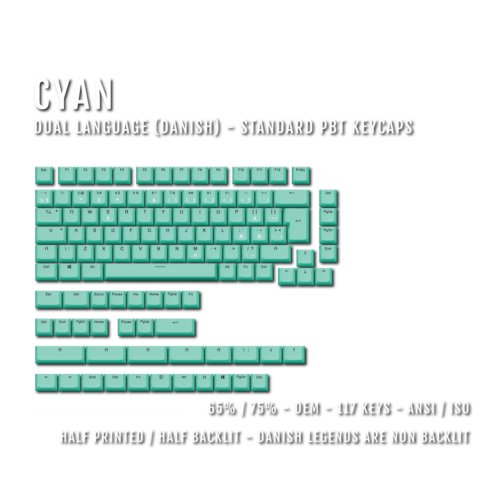 Cyan PBT Danish Keycaps - ISO-DK - 65/75% Sizes - Dual Language Keycaps - kromekeycaps