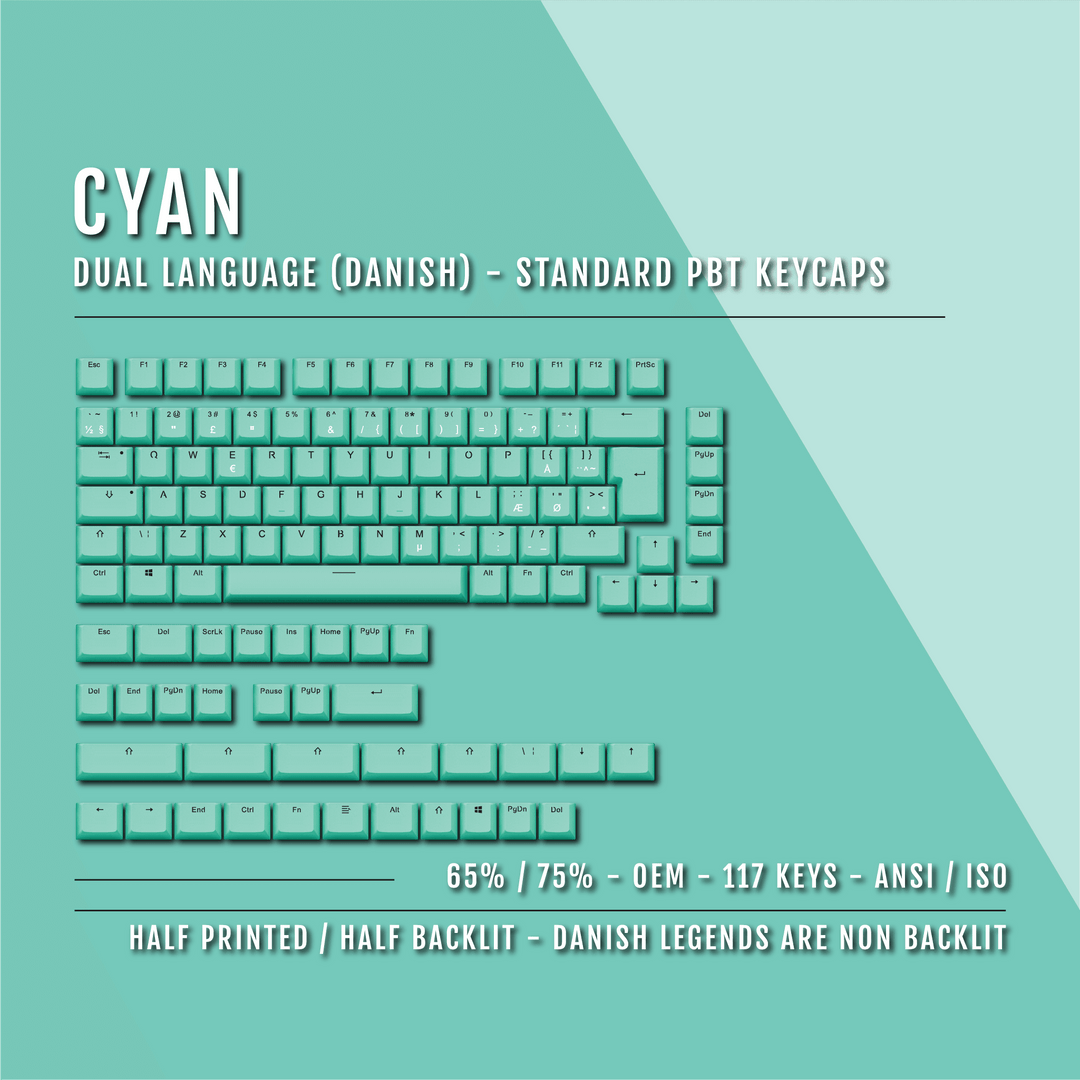 Cyan PBT Danish Keycaps - ISO-DK - 65/75% Sizes - Dual Language Keycaps - kromekeycaps