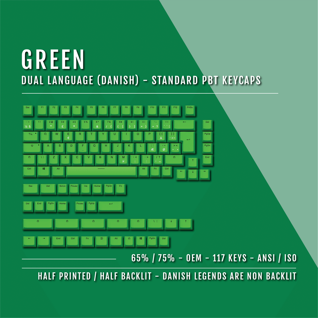 Green PBT Danish Keycaps - ISO-DK - 65/75% Sizes - Dual Language Keycaps - kromekeycaps