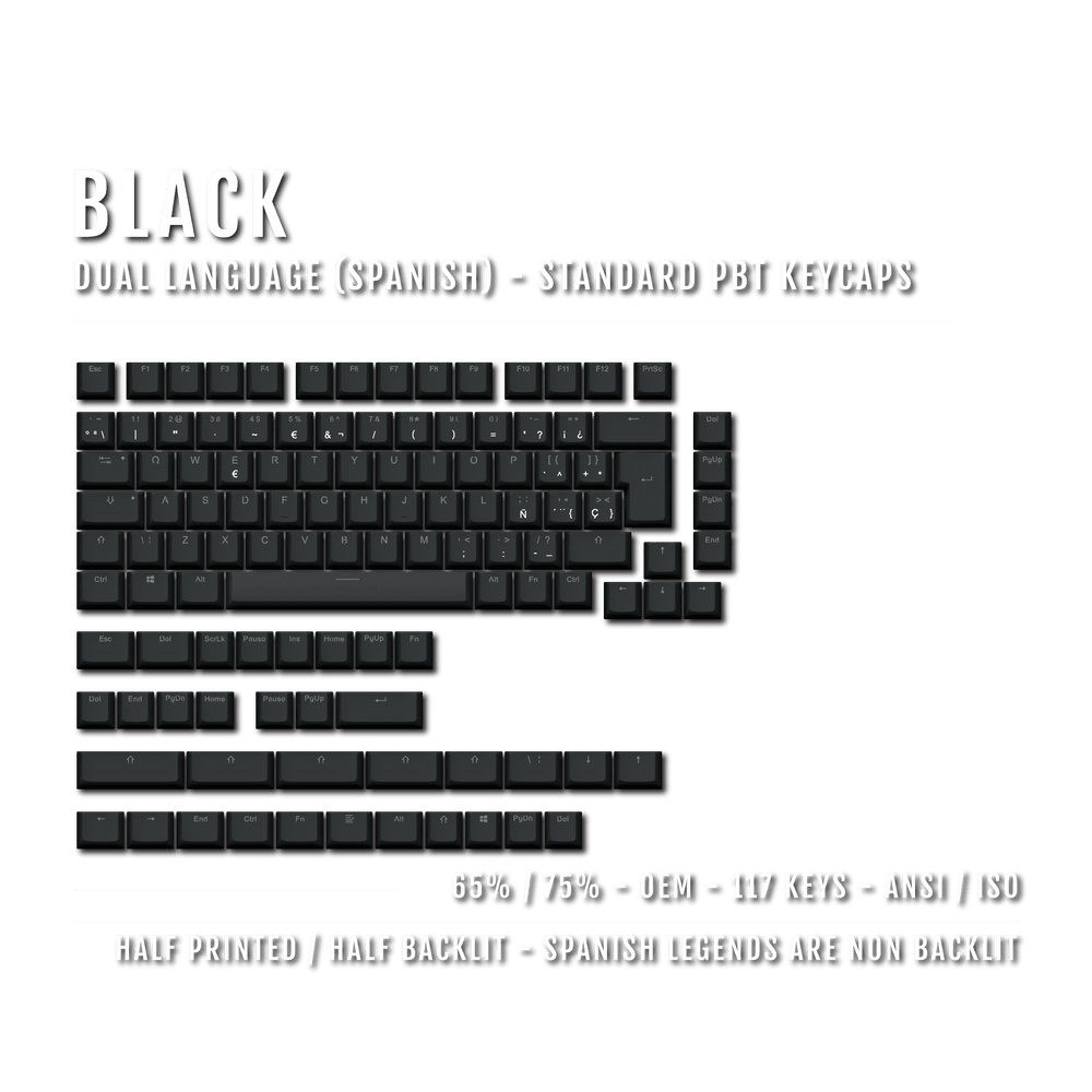 Black PBT Spanish Keycaps - ISO-ES - 65/75% Sizes - Dual Language Keycaps - kromekeycaps
