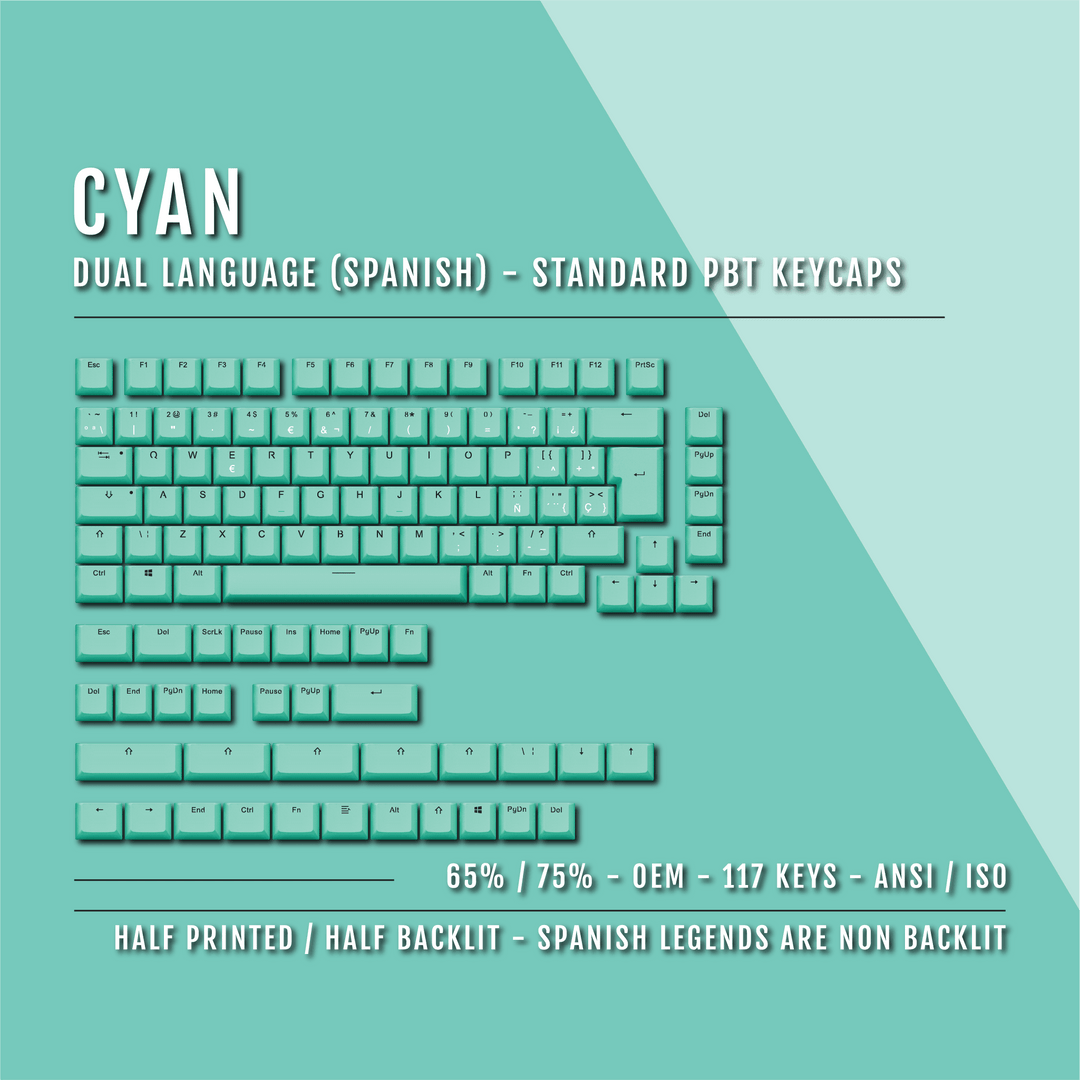 Cyan PBT Spanish Keycaps - ISO-ES - 65/75% Sizes - Dual Language Keycaps - kromekeycaps
