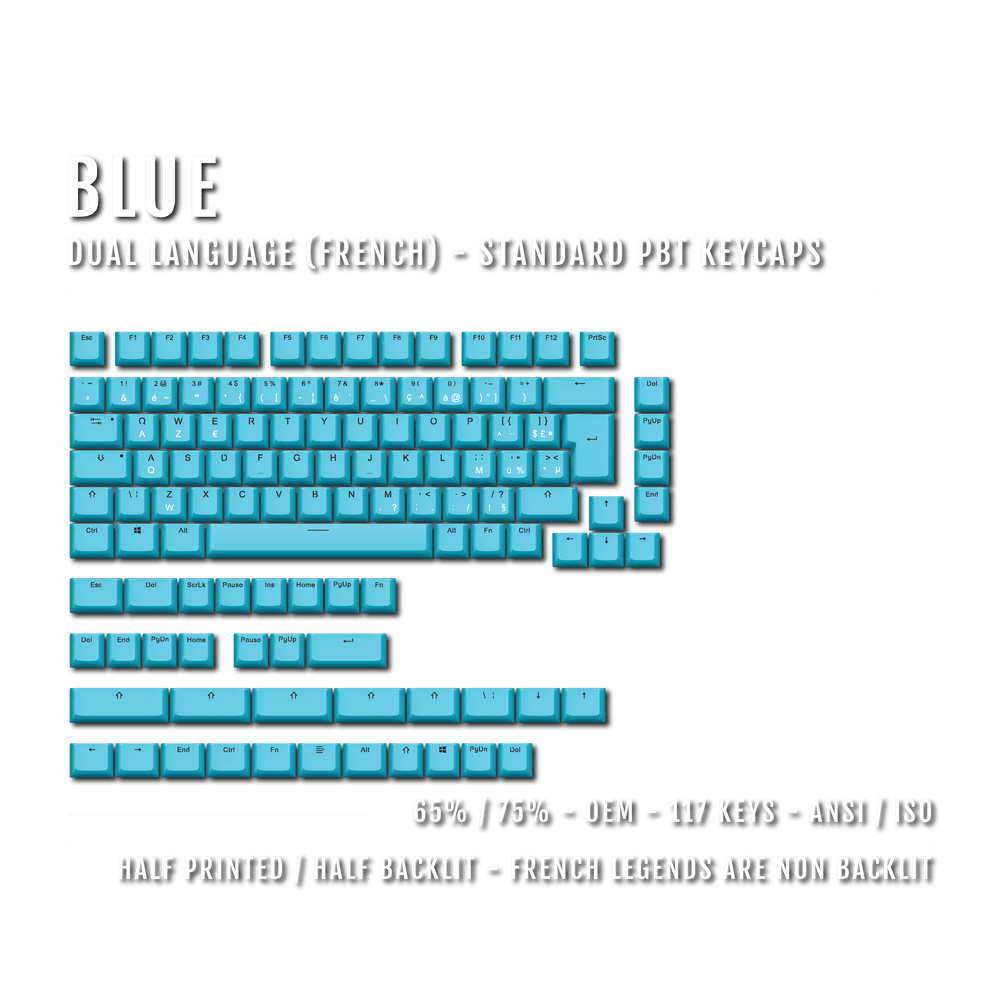 Blue PBT French Keycaps - ISO-FR - 65/75% Sizes - Dual Language Keycaps - kromekeycaps