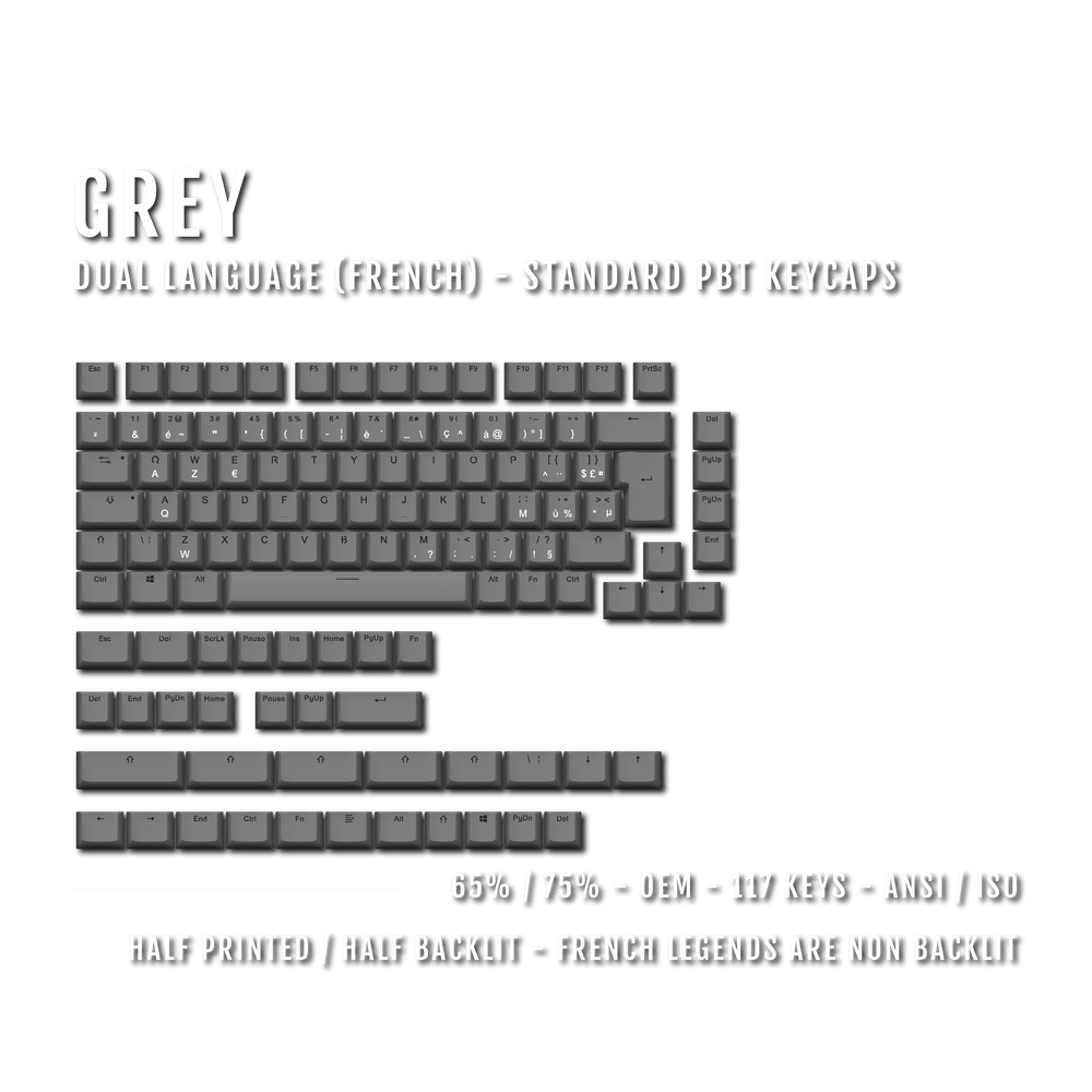 Grey PBT French Keycaps - ISO-FR - 65/75% Sizes - Dual Language Keycaps - kromekeycaps