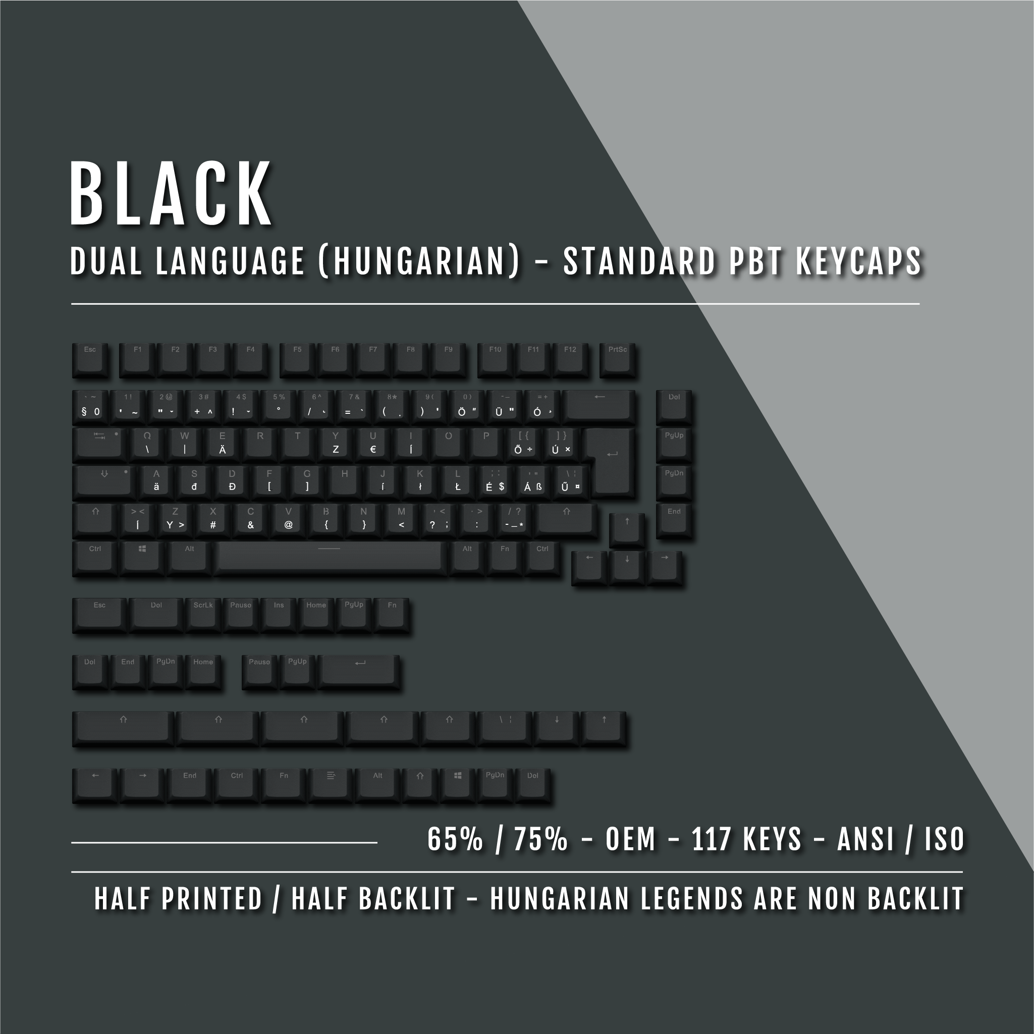 Black Hungarian (ISO-HU) Dual Language PBT Keycaps - 65/75