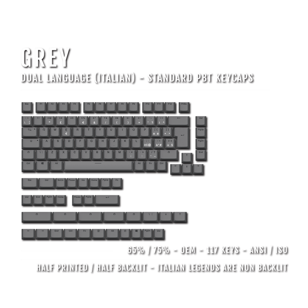 Grey PBT Italian Keycaps - ISO-IT - 65/75% Sizes - Dual Language Keycaps - kromekeycaps