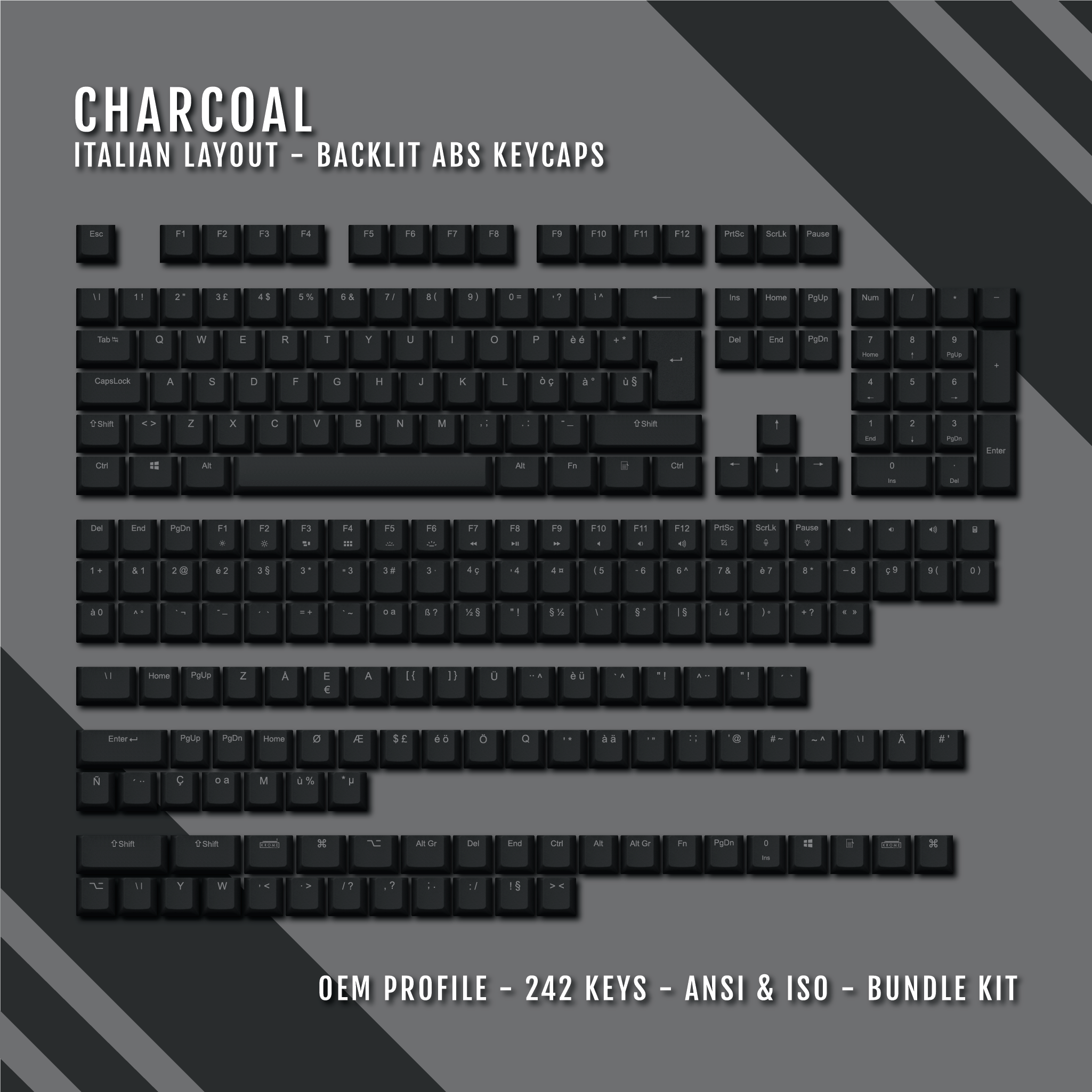 Charcoal Backlit Italian Keycaps ISOIT Windows & Mac kromekeycaps