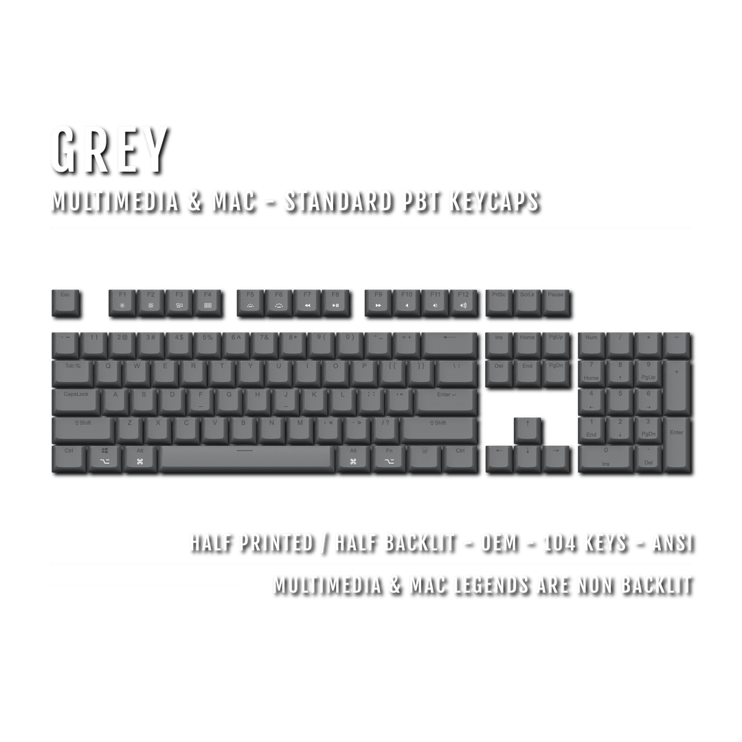 US Grey PBT Mac & Multimedia Keycaps - 100% Size - Dual Language Keycaps - kromekeycaps