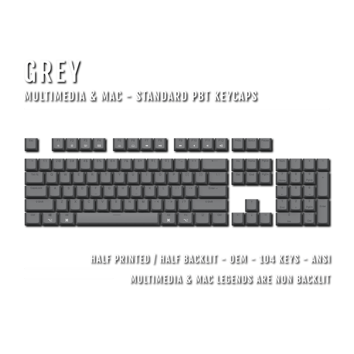 US Grey PBT Mac & Multimedia Keycaps - 100% Size - Dual Language Keycaps - kromekeycaps