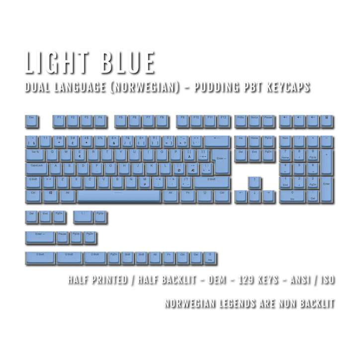 Light Blue Norwegian (ISO-NO) Dual Language PBT Pudding Keycaps