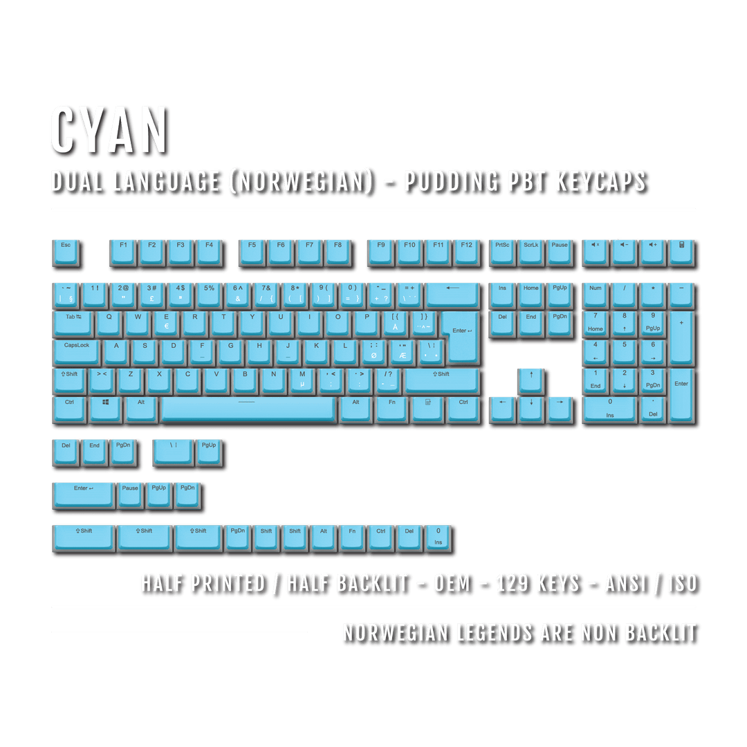 Cyan Norwegian (ISO-NO) Dual Language PBT Pudding Keycaps