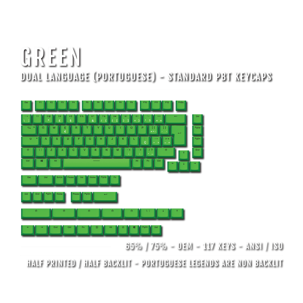 Green PBT Portuguese Keycaps - ISO-PT - 65/75% Sizes - Dual Language Keycaps - kromekeycaps