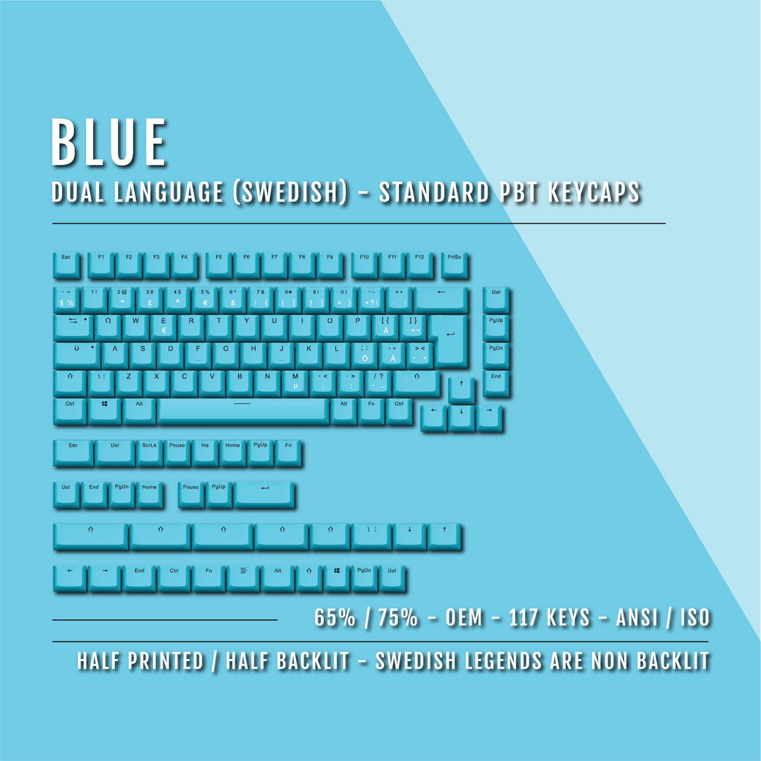 Blue PBT Swedish Keycaps - ISO-SE - 65/75% Sizes - Dual Language Keycaps - kromekeycaps