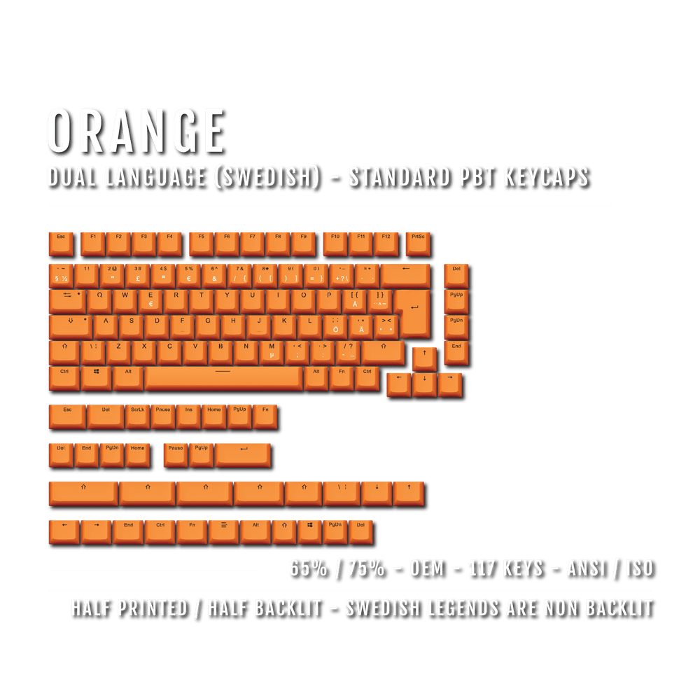 Orange PBT Swedish Keycaps - ISO-SE - 65/75% Sizes - Dual Language Keycaps - kromekeycaps