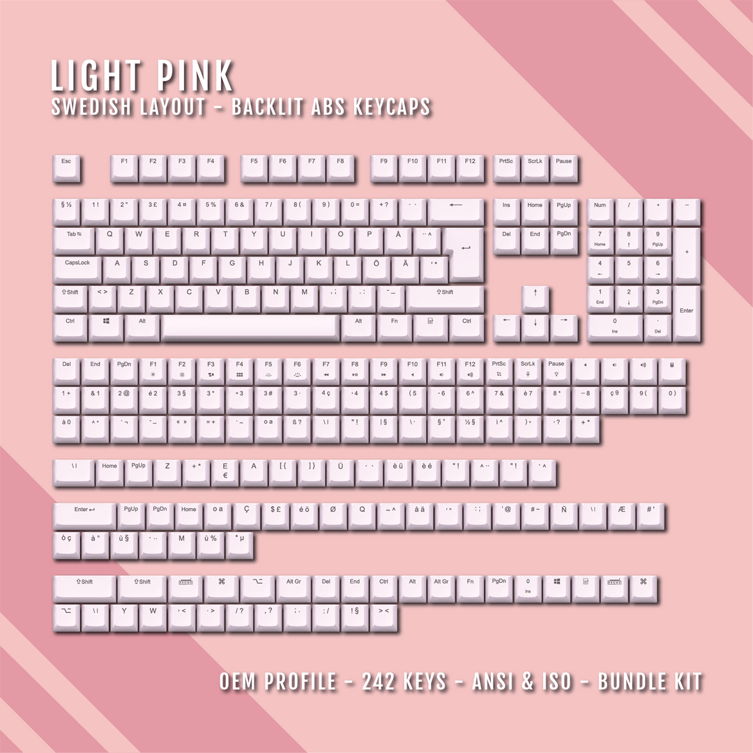 Light Pink Backlit Swedish Keycaps - ISO-SE - Windows & Mac - kromekeycaps