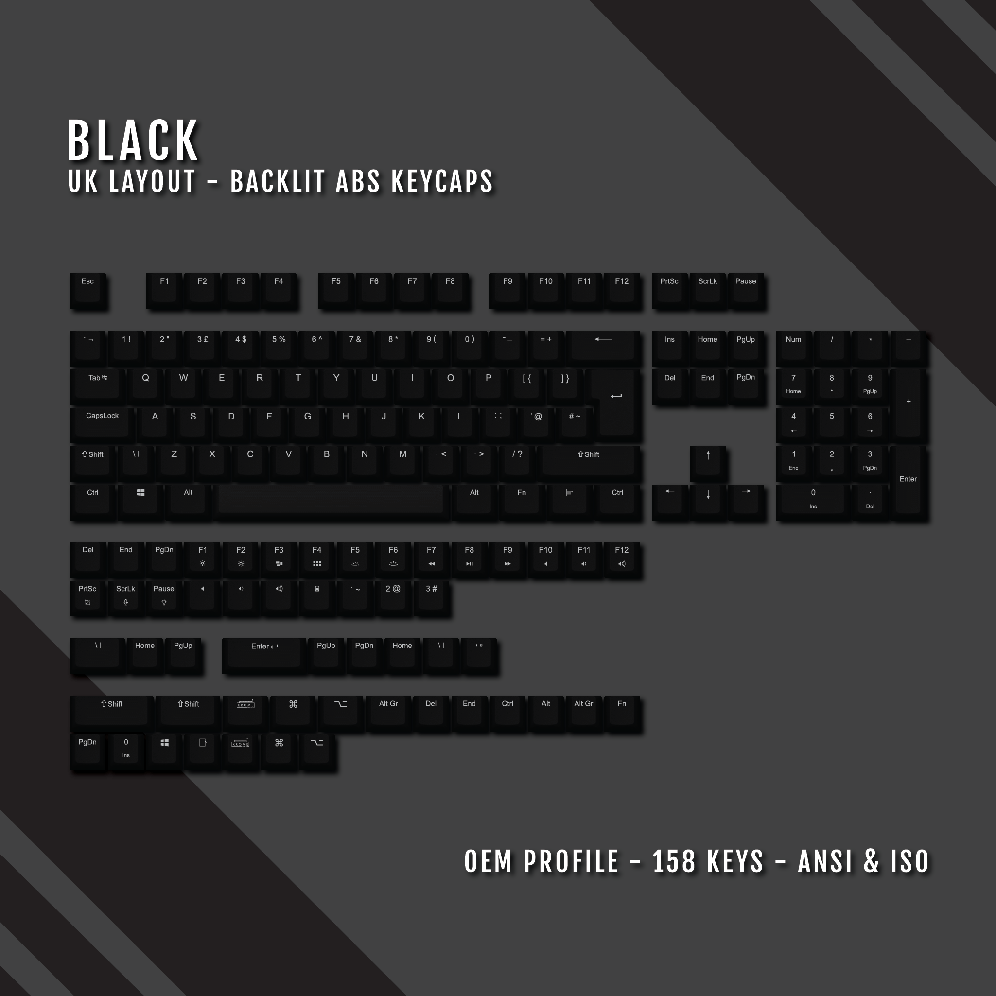 Black UK & US Windows/Mac Backlit ABS Keycaps Krome Keycaps LTD