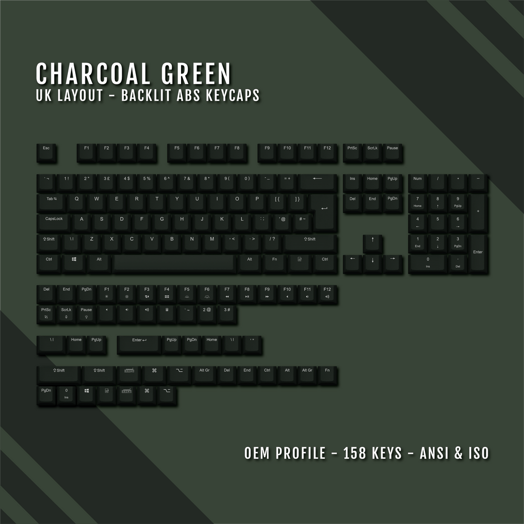 Charcoal Green Backlit UK Keycaps - ISO/ANSI - Windows & Mac - kromekeycaps