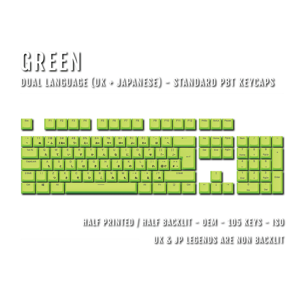 UK Green PBT Japanese (Hiragana) Keycaps - 100% Size - Dual Language Keycaps - kromekeycaps