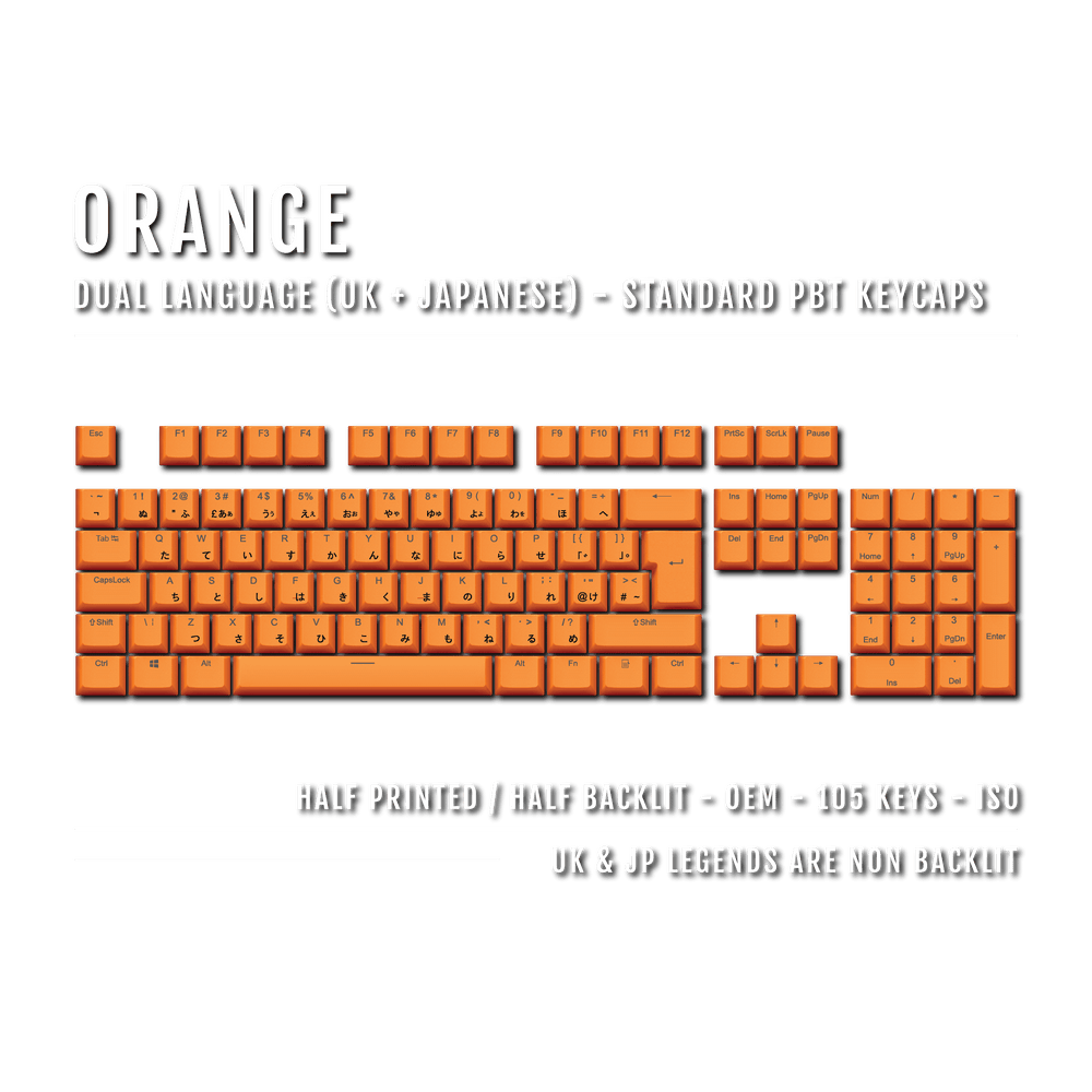 UK Orange PBT Japanese (Hiragana) Keycaps - 100% Size - Dual Language Keycaps - kromekeycaps