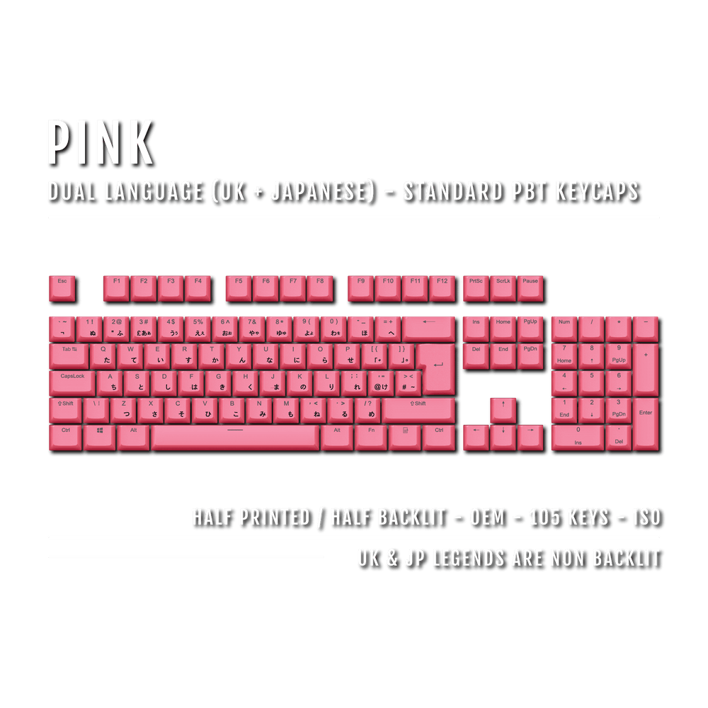 UK Pink PBT Japanese (Hiragana) Keycaps - 100% Size - Dual Language Keycaps - kromekeycaps