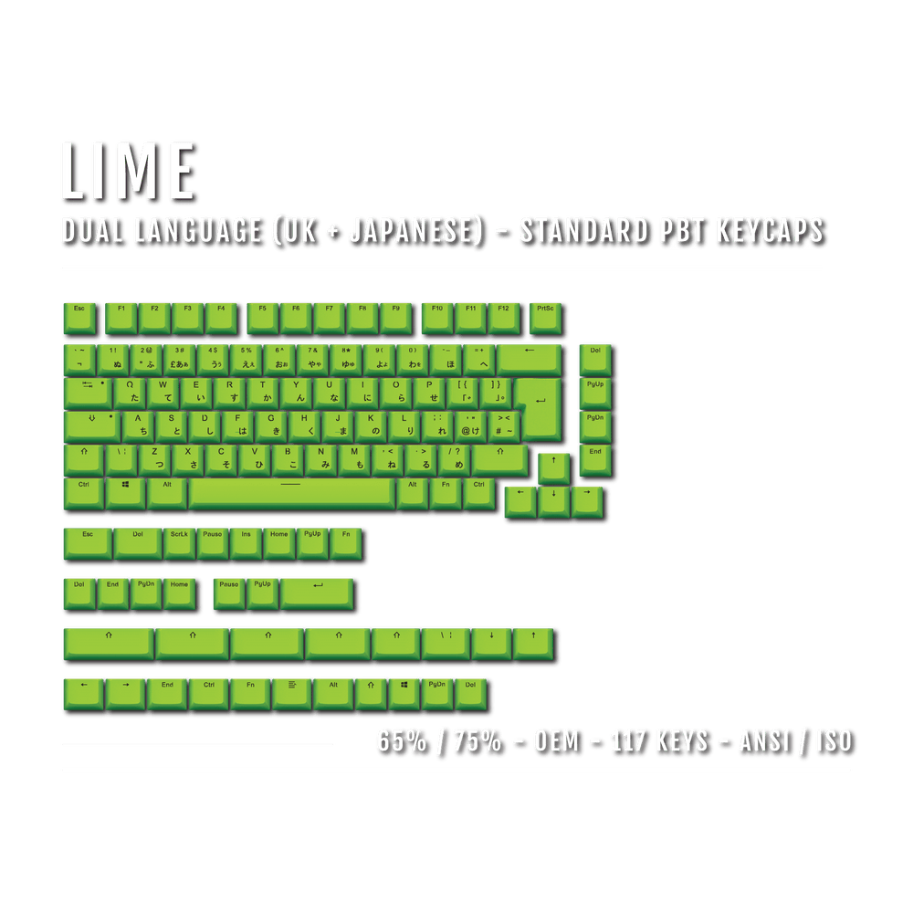 UK Lime PBT Japanese (Hiragana) Keycaps - 65/75% Sizes - Dual Language Keycaps - kromekeycaps