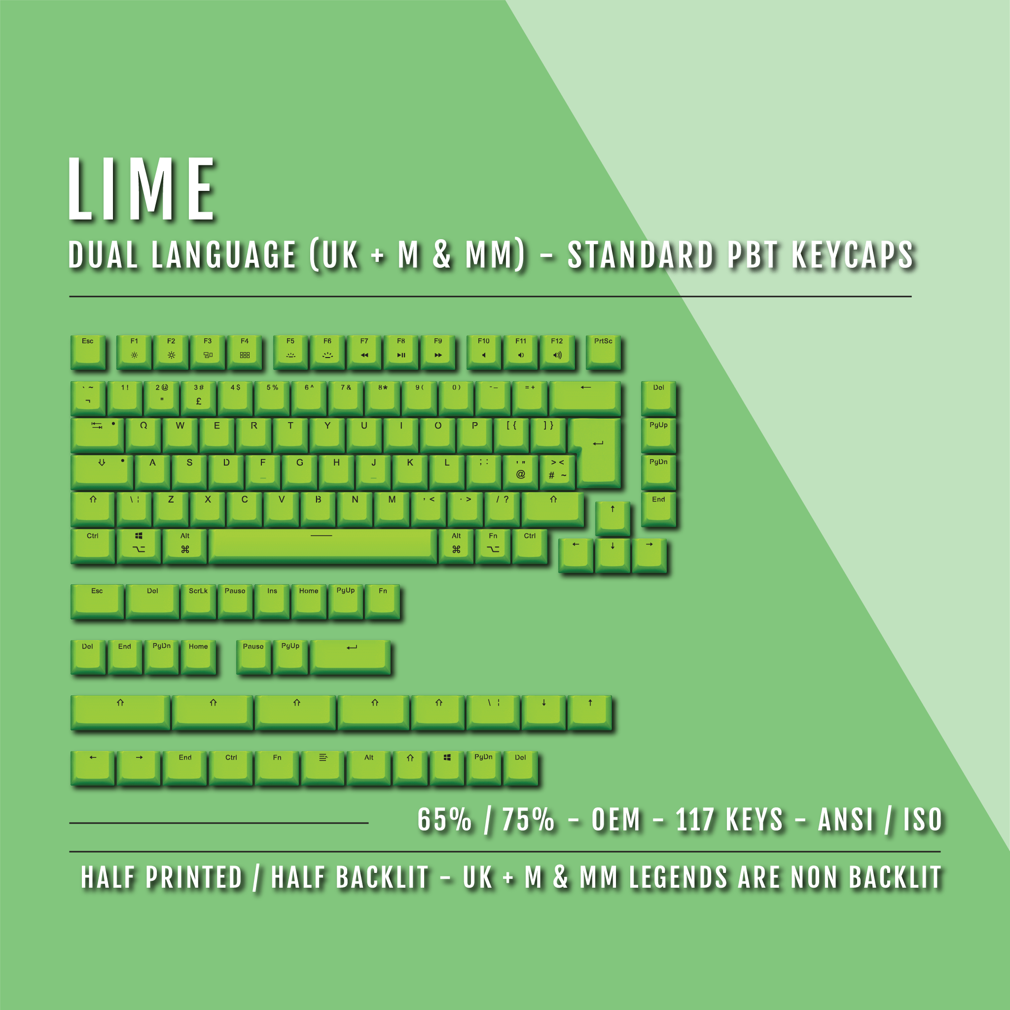 Lime UK & Mac/Multimedia Dual Language PBT Keycaps 65/75 Krome