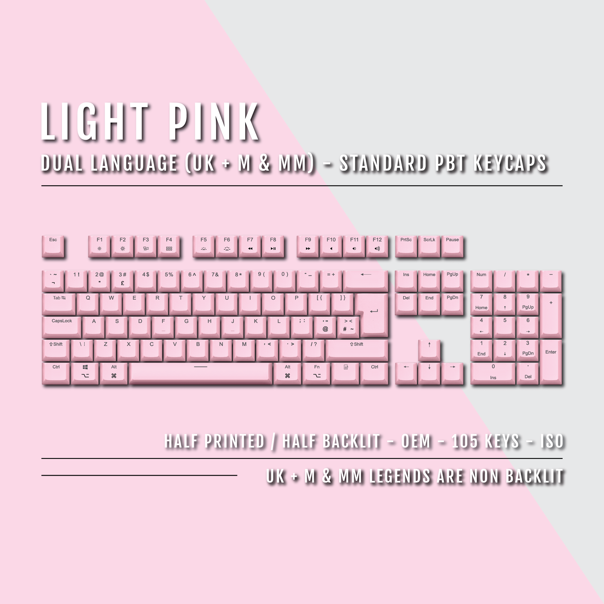 UK Light Pink PBT Mac & Multimedia Keycaps 100 Size Dual Language