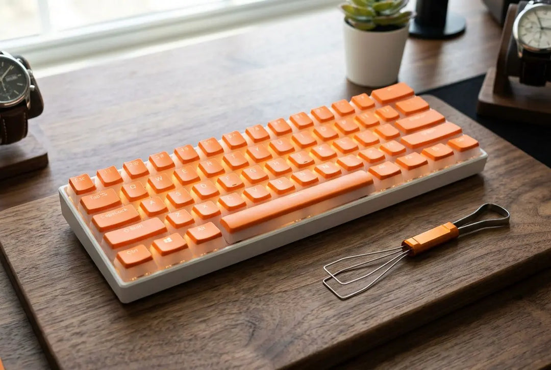 orange pudding keycaps on white keyboard on wooden desk