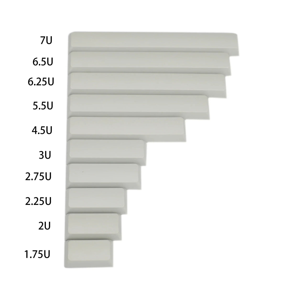 keyboard spacebars ranging from 7u size - 1.75u size in grey on white background