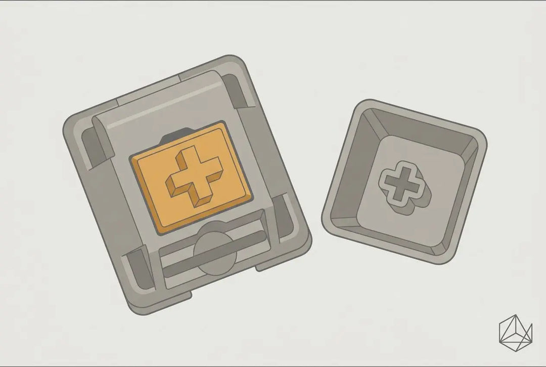 Tastenkappen-Design: Außenhülle mit gelb-orangener Plus-Tastenkappe neben einer grauen Abdeckung, zeigt Mechanik eines Switch-Top-Parts. Integrates: tastenkappen unterschiede.