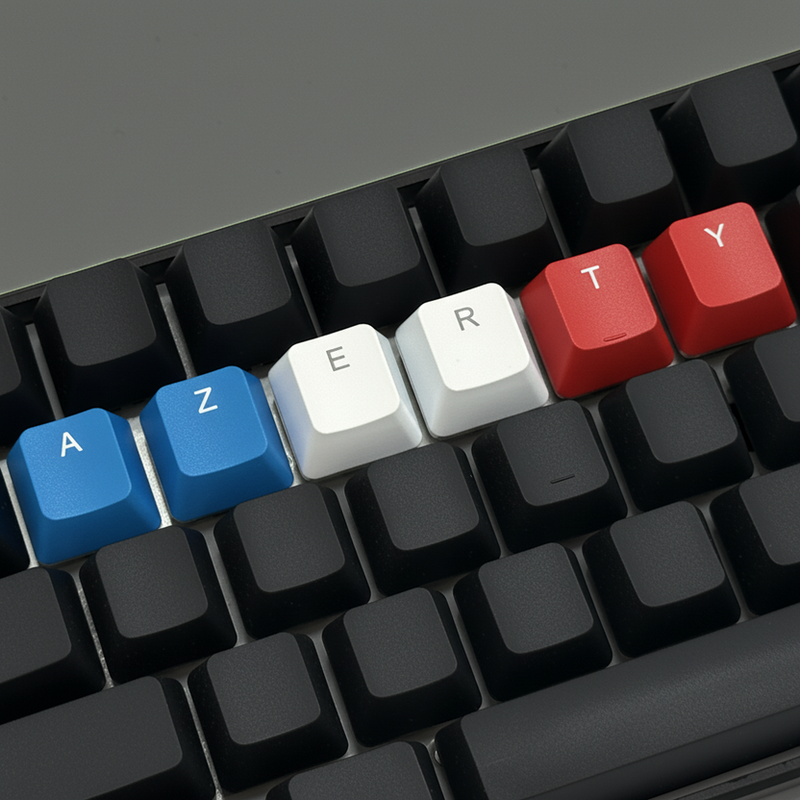 Touche de clavier personnalisée bleue A et touche bleue Z suivies de touches blanches E et R, puis une touche rouge T et Y sur fond de clavier mécanique noir.