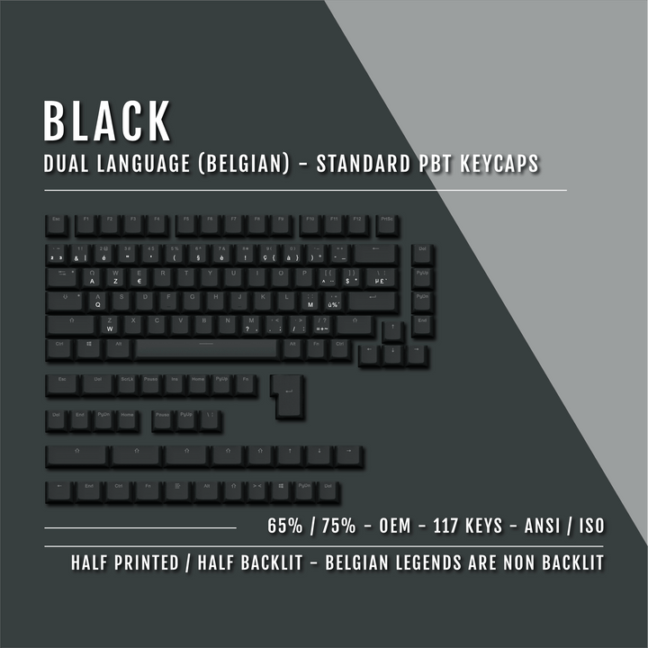 Black PBT Belgian Keycaps - ISO-BE - 65/75% Sizes - Dual Language Keycaps - kromekeycaps