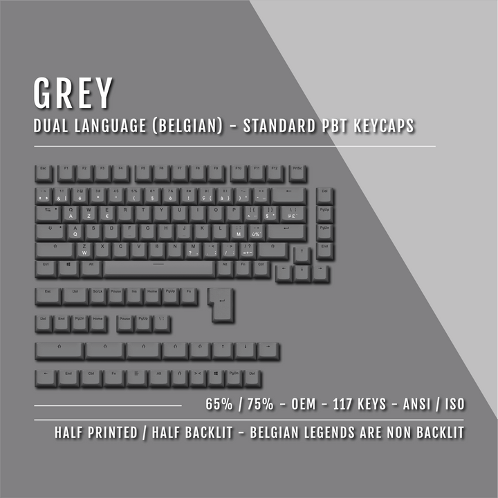 Grey PBT Belgian Keycaps - ISO-BE - 65/75% Sizes - Dual Language Keycaps - kromekeycaps