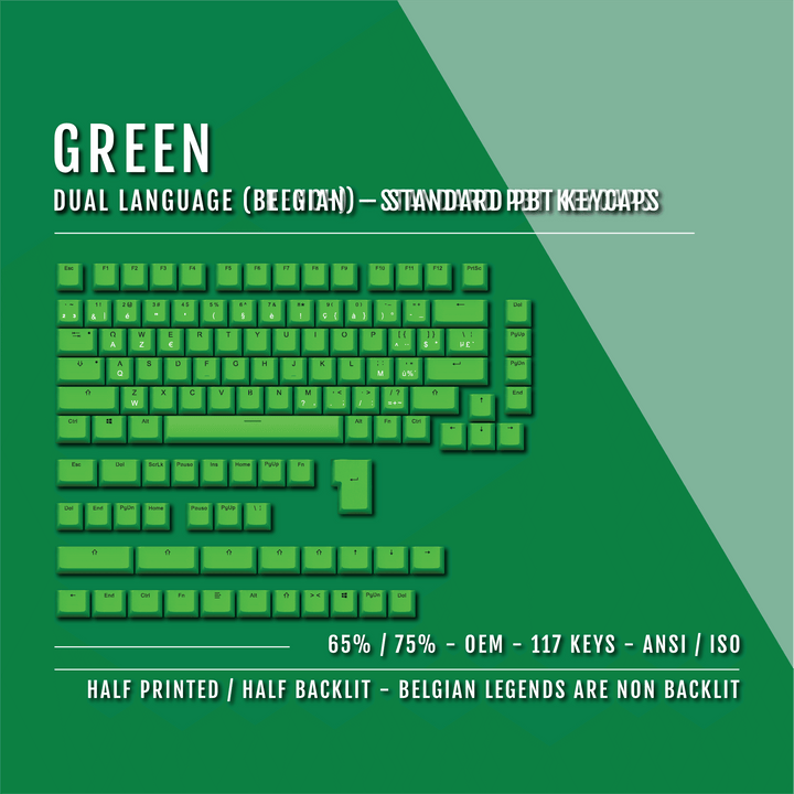 Green PBT Belgian Keycaps - ISO-BE - 65/75% Sizes - Dual Language Keycaps - kromekeycaps