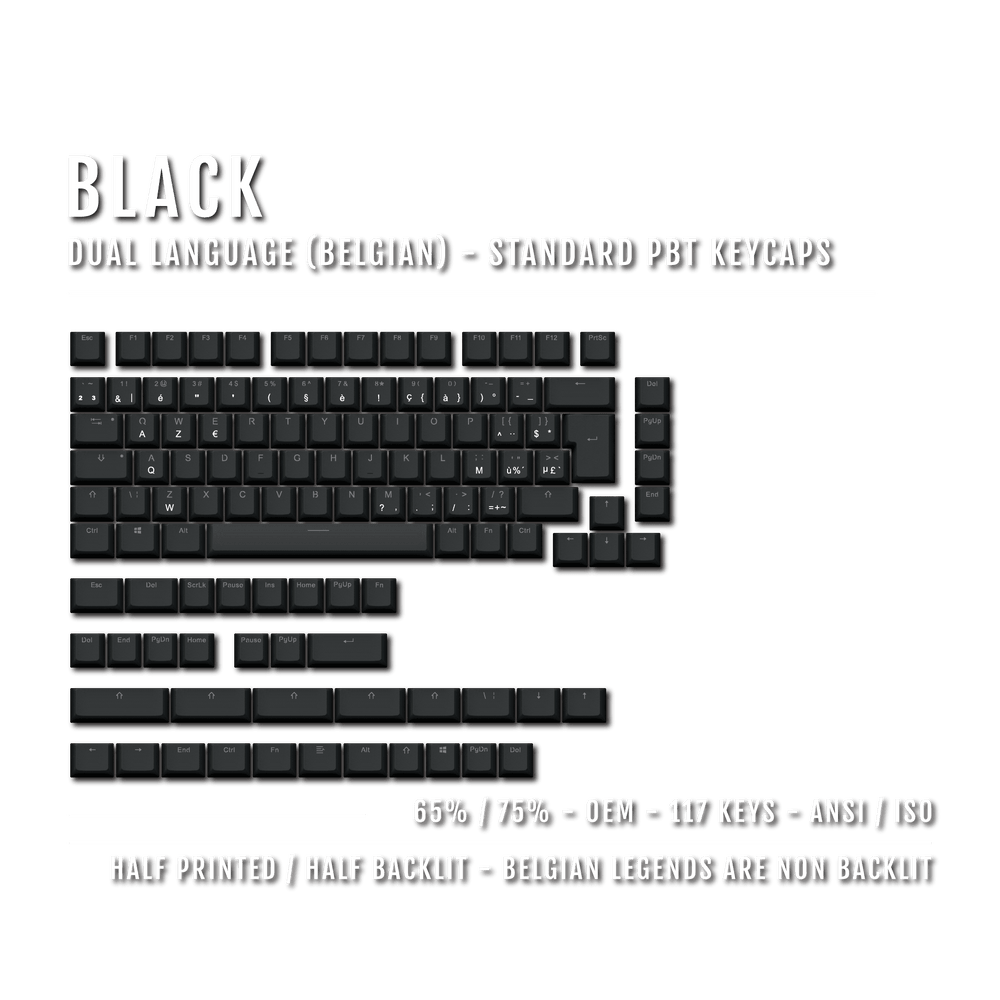 Black PBT Belgian Keycaps - ISO-BE - 65/75% Sizes - Dual Language Keycaps - kromekeycaps