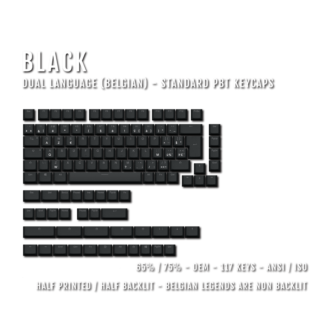 Black PBT Belgian Keycaps - ISO-BE - 65/75% Sizes - Dual Language Keycaps - kromekeycaps