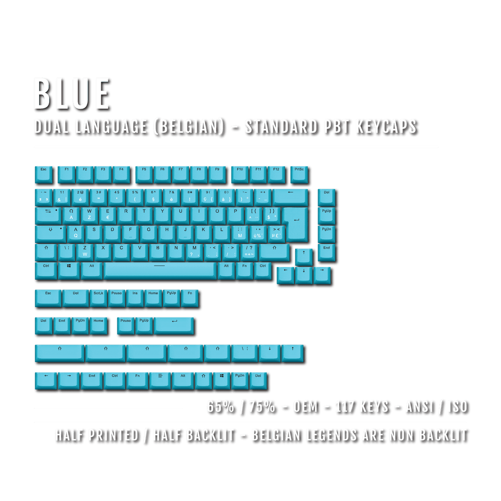 Blue PBT Belgian Keycaps - ISO-BE - 65/75% Sizes - Dual Language Keycaps - kromekeycaps