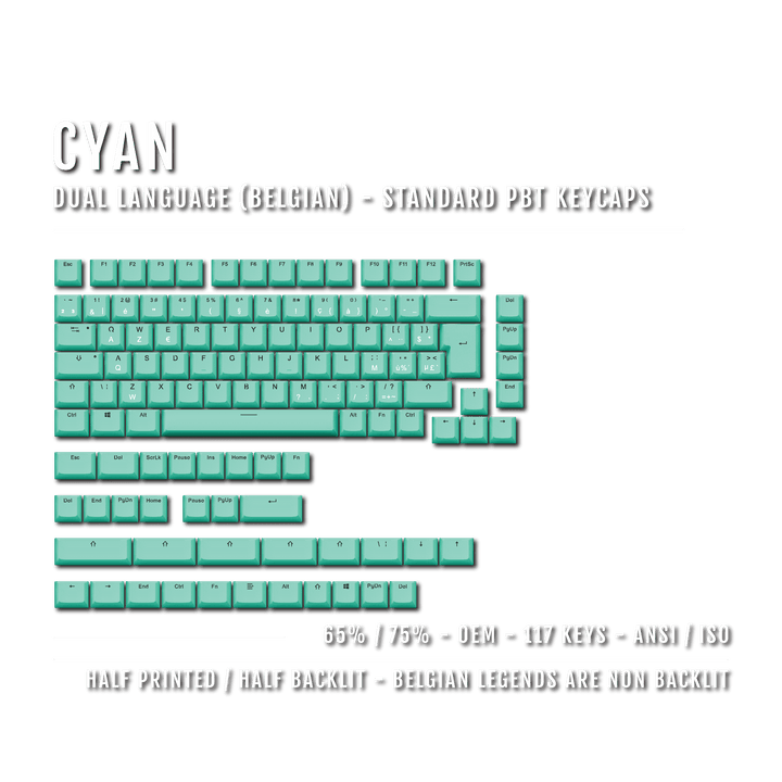 Cyan Belgian (ISO-BE) Dual Language PBT Keycaps - 65/75% Krome Keycaps LTD belgian