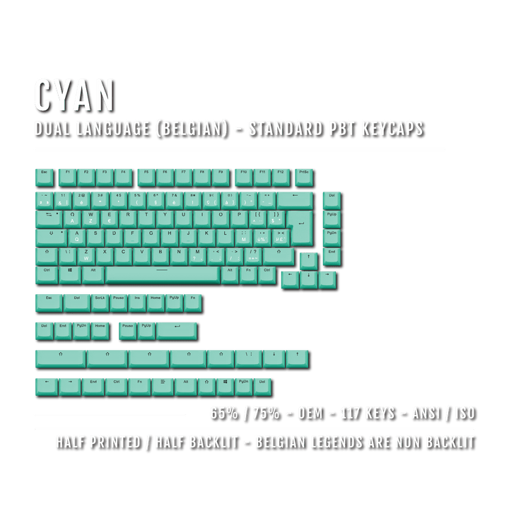 Cyan PBT Belgian Keycaps - ISO-BE - 65/75% Sizes - Dual Language Keycaps - kromekeycaps