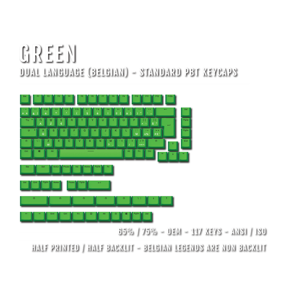 Green PBT Belgian Keycaps - ISO-BE - 65/75% Sizes - Dual Language Keycaps - kromekeycaps