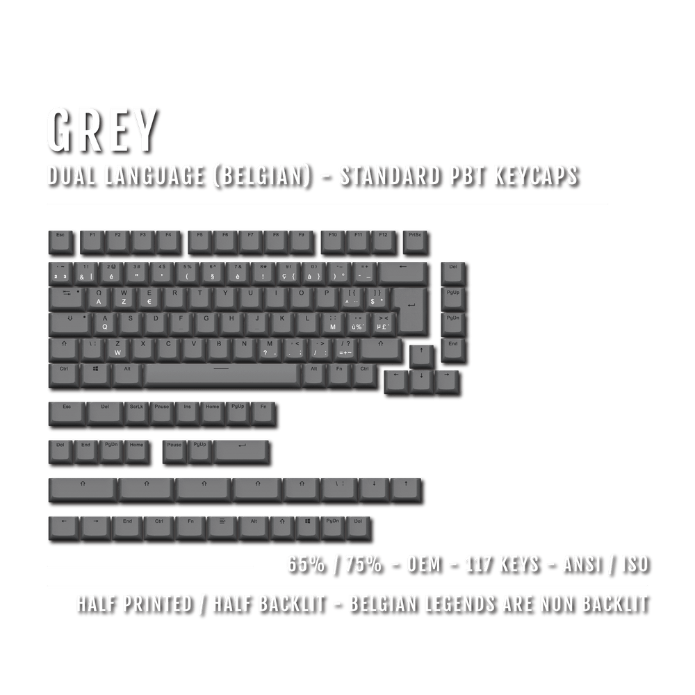 Grey Belgian (ISO-BE) Dual Language PBT Keycaps - 65/75% Krome Keycaps LTD belgian