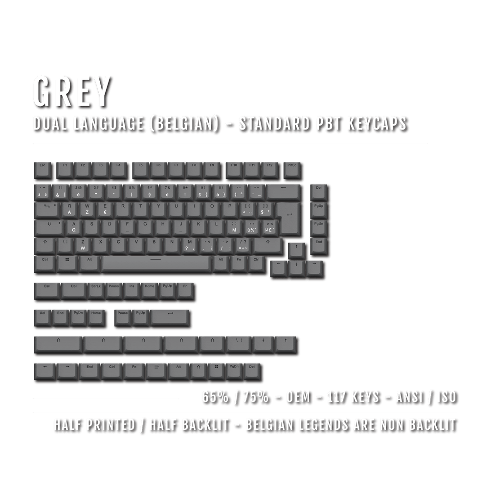 Grey PBT Belgian Keycaps - ISO-BE - 65/75% Sizes - Dual Language Keycaps - kromekeycaps