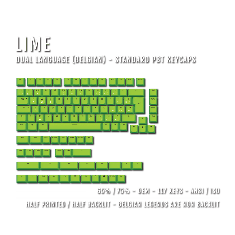 Lime PBT Belgian Keycaps - ISO-BE - 65/75% Sizes - Dual Language Keycaps - kromekeycaps