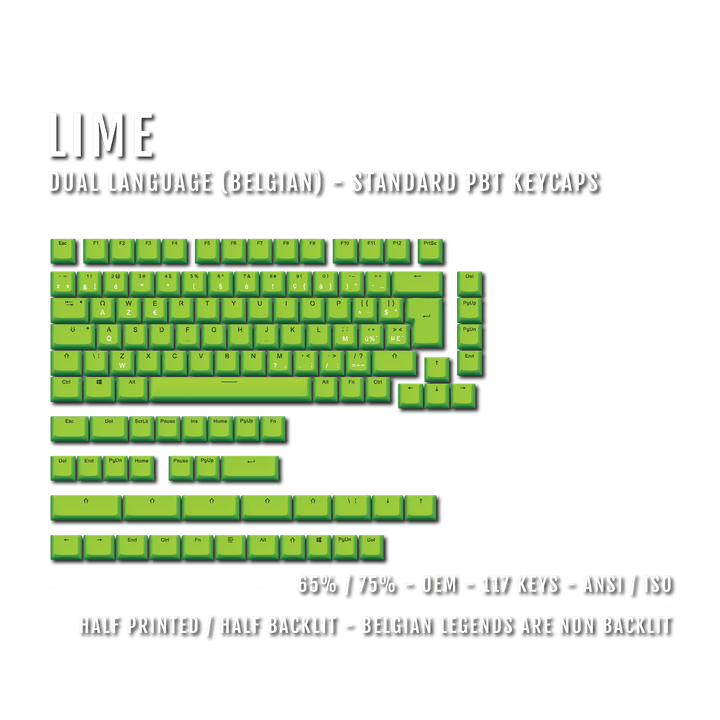 Lime Belgian (ISO-BE) Dual Language PBT Keycaps - 65/75% Krome Keycaps LTD belgian