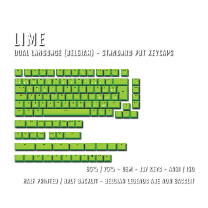 Lime PBT Belgian Keycaps - ISO-BE - 65/75% Sizes - Dual Language Keycaps - kromekeycaps