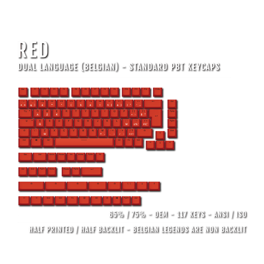 Red PBT Belgian Keycaps - ISO-BE - 65/75% Sizes - Dual Language Keycaps - kromekeycaps