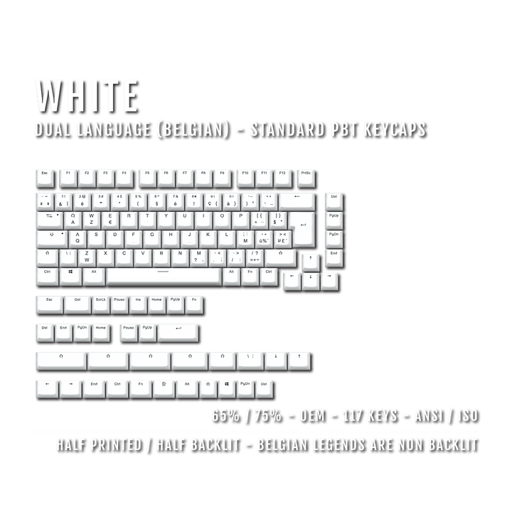 White PBT Belgian Keycaps - ISO-BE - 65/75% Sizes - Dual Language Keycaps - kromekeycaps